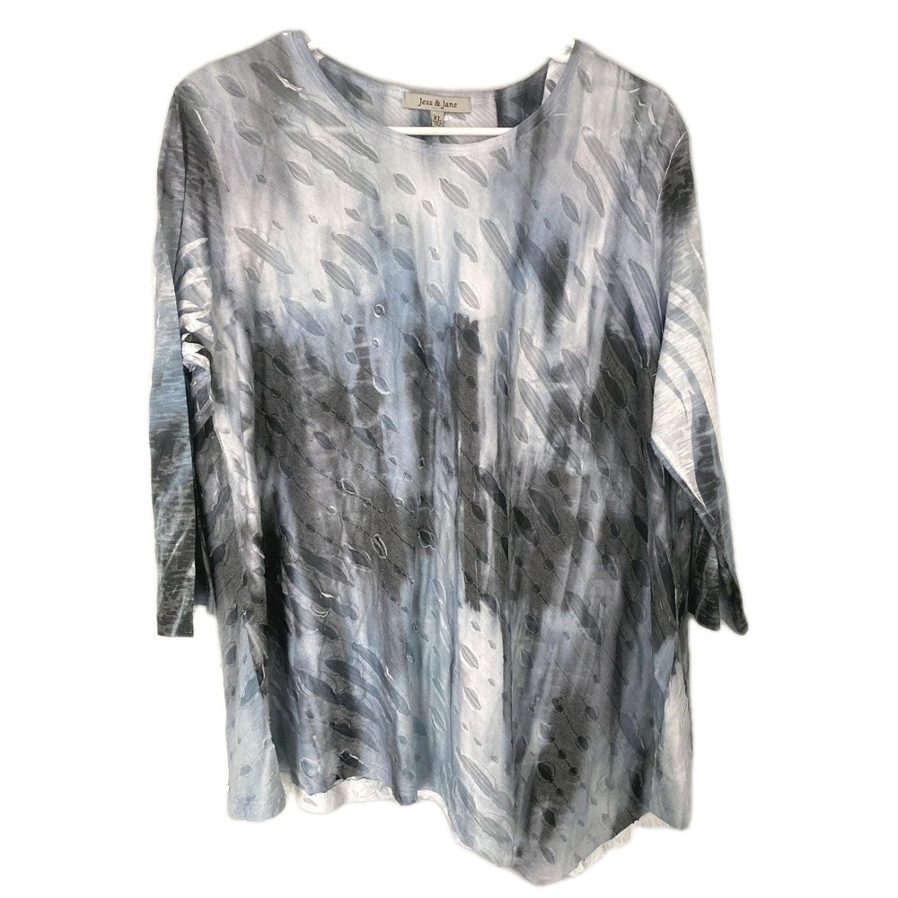 Jess & Jane Tunic Top Women XL Gray Abstract 3/4 Sleeve Asym Hem Burnout USA EUC
